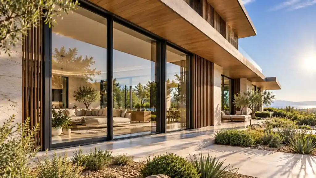 Modern house with thermally broken aluminium windows protected by deep external solar shading.