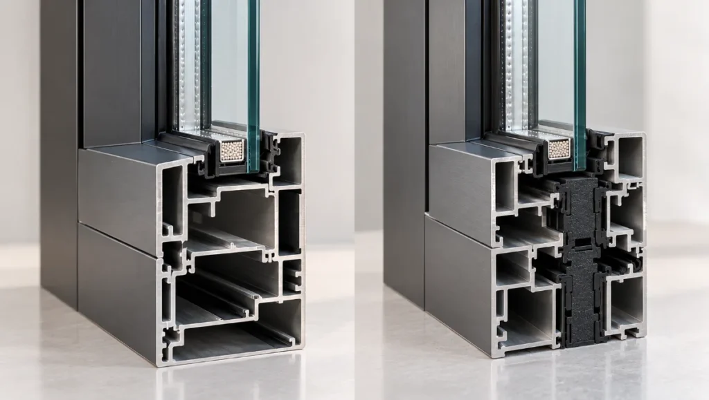 Side-by-side aluminium window profiles showing a continuous frame and a thermally separated frame.
