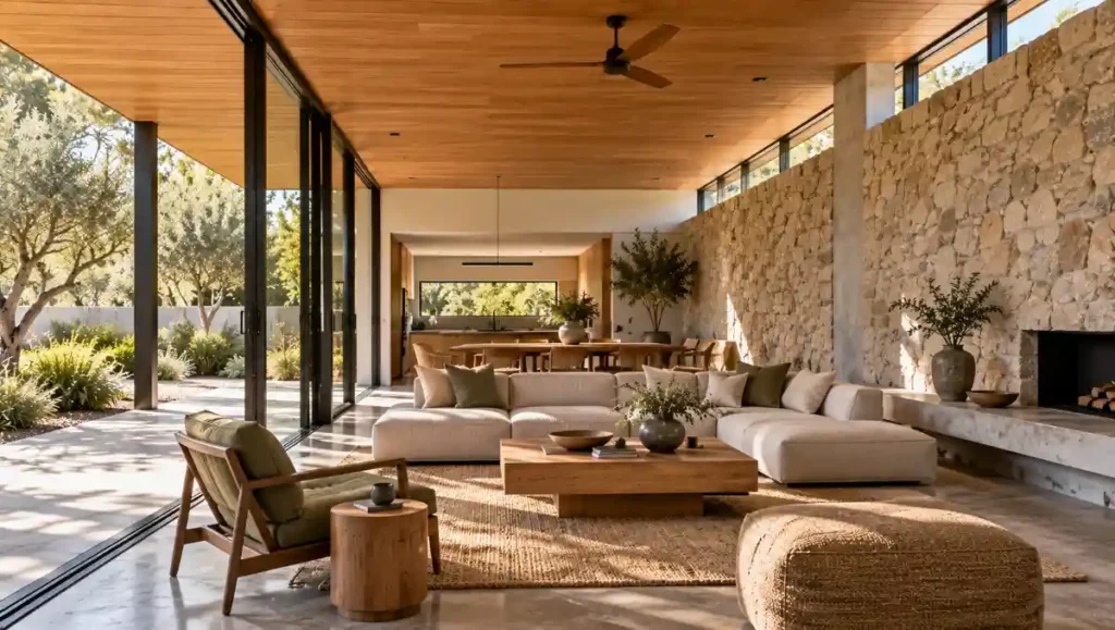 Contemporary interior with exposed concrete flooring and a stone wall used as high-mass building materials.
