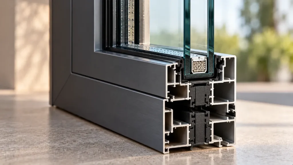 Cutaway detail of an insulated glazing unit fitted into a thermally broken aluminium frame.