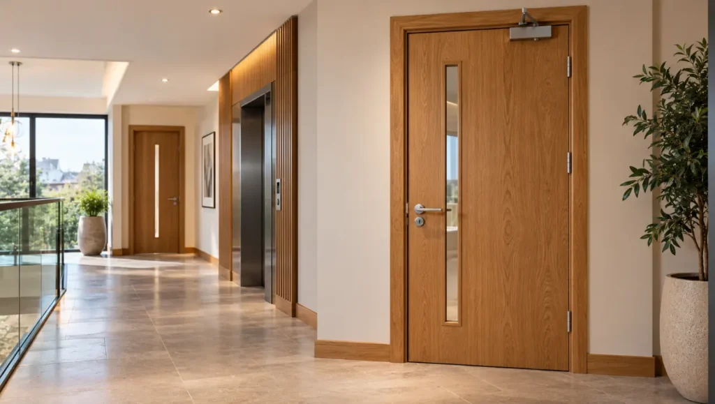Oak-finished fire door in a modern residential corridor.