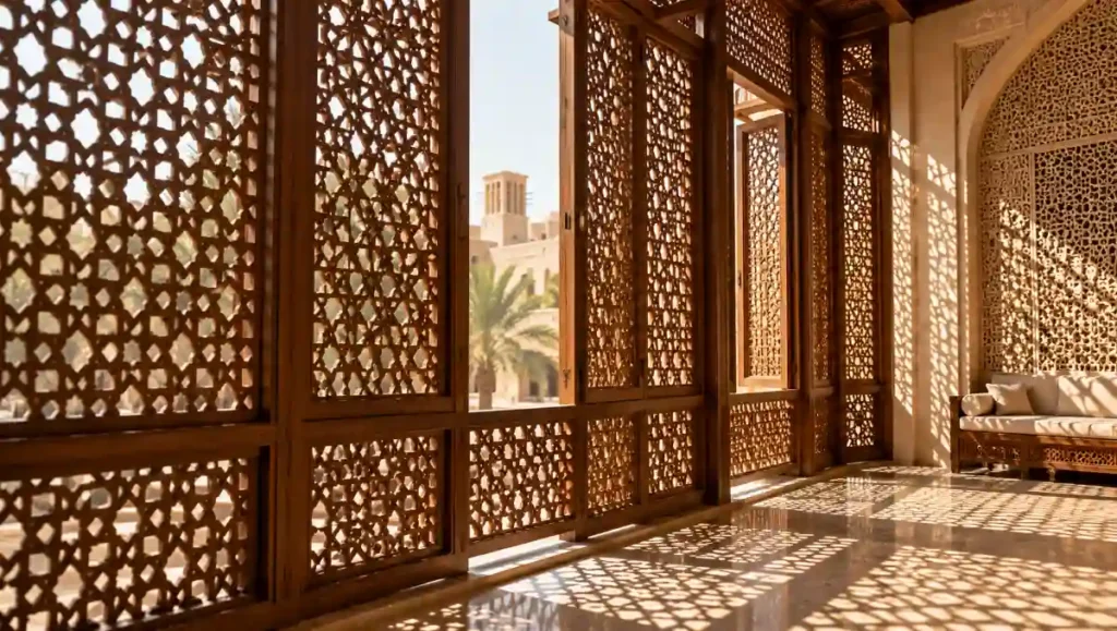Traditional Islamic timber mashrabiya screen with geometric latticework.