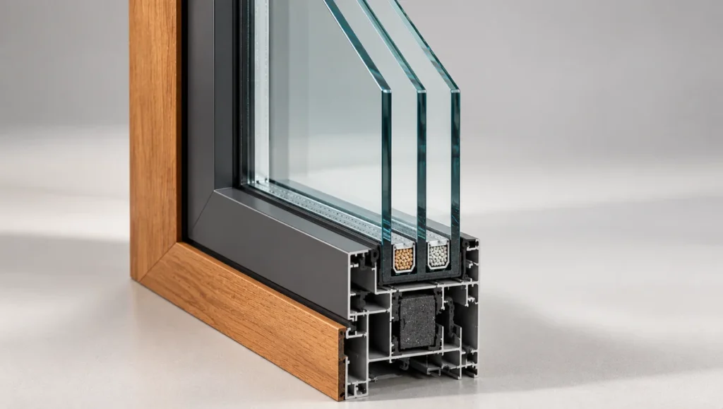 Triple-glazed glass unit showing three panes and two sealed insulating cavities.