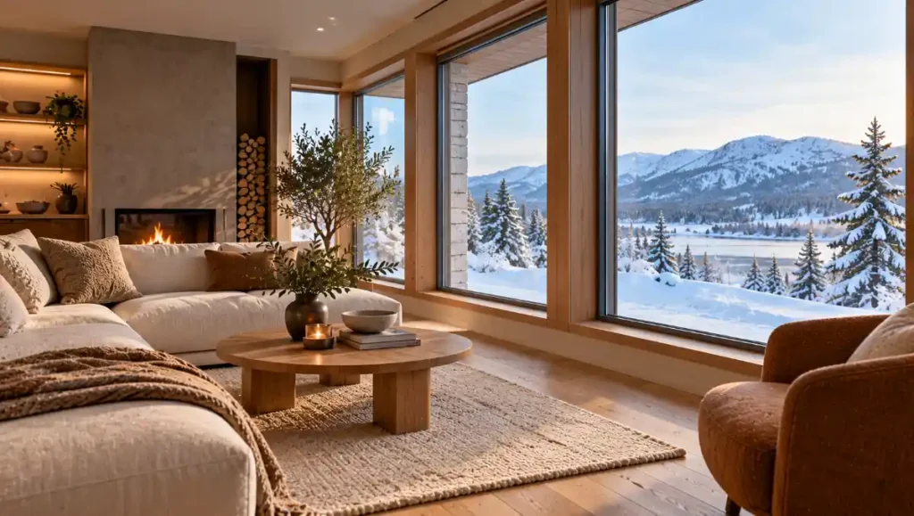 Warm residential interior with insulated windows overlooking a snowy landscape.