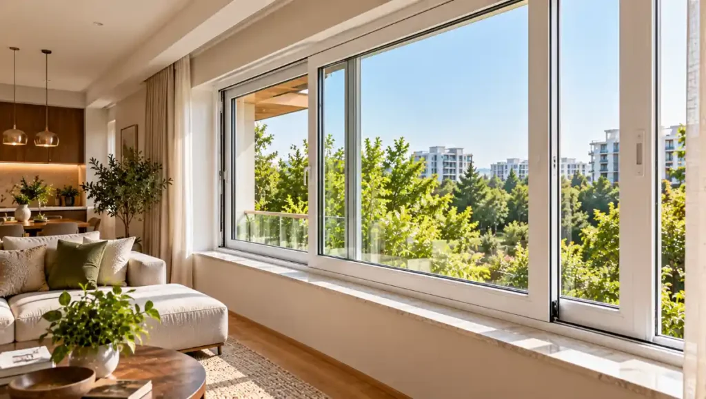 Horizontal white uPVC sliding window in a contemporary apartment.