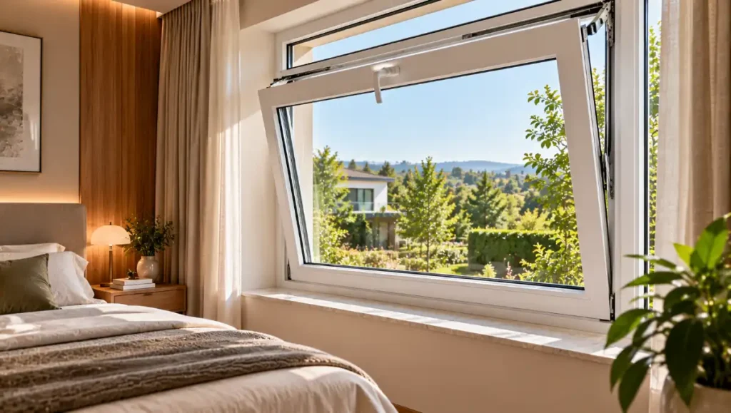 White uPVC tilt-and-turn window tilted inward at the top for ventilation.