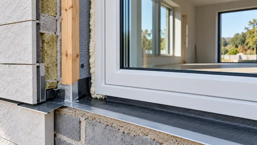 Modern uPVC window integrated into an insulated wall with detailed perimeter sealing and flashing.