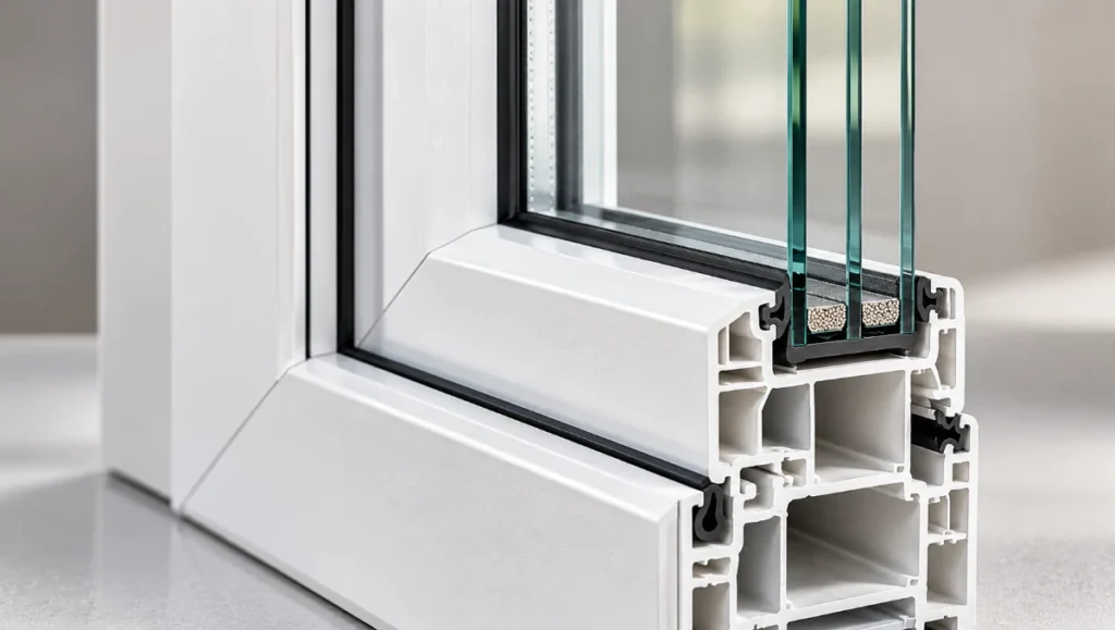 Close-up of a modern uPVC window frame holding a thick insulated glazing unit.