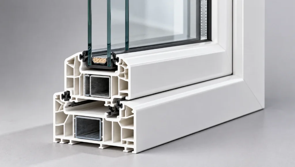 Cross-section of a white uPVC window frame showing internal chambers and insulated glazing.
