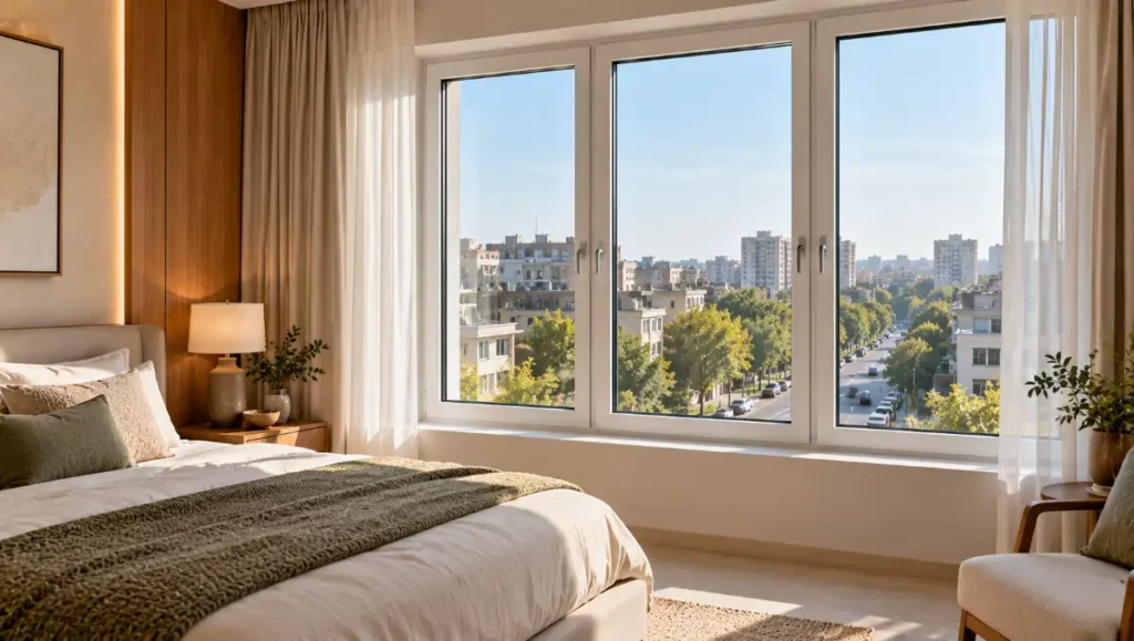 Quiet contemporary bedroom with a large closed uPVC window overlooking an urban street.