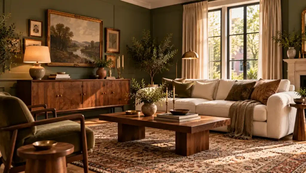 Eclectic living room with vintage walnut furniture, contemporary sofa and antique artwork.
