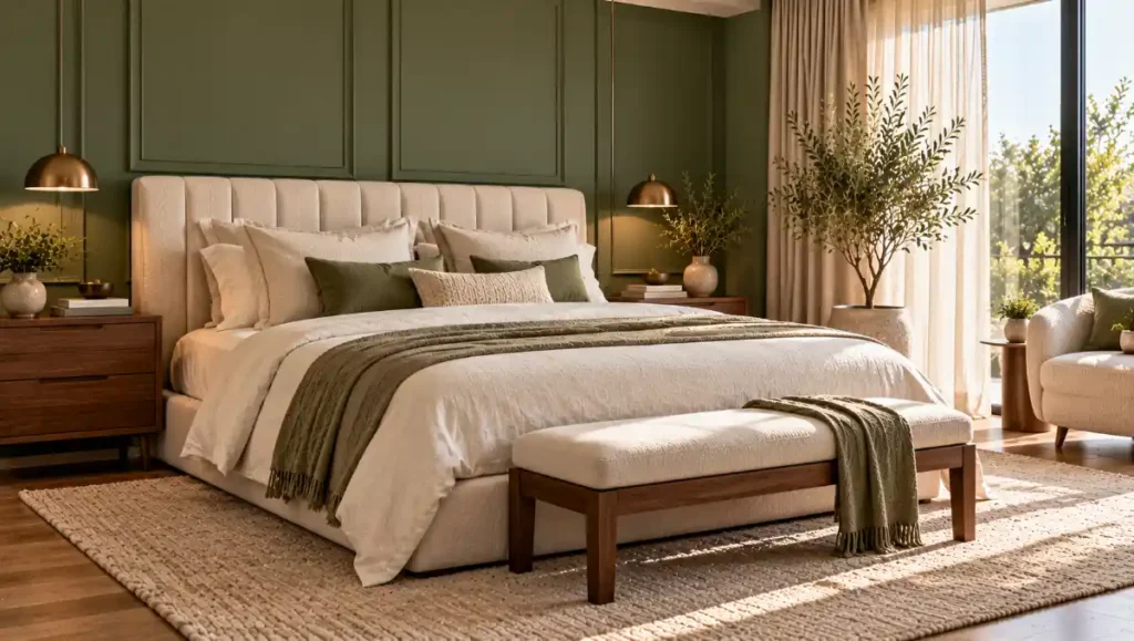 Green bedroom feature wall paired with ivory bedding and walnut furniture.