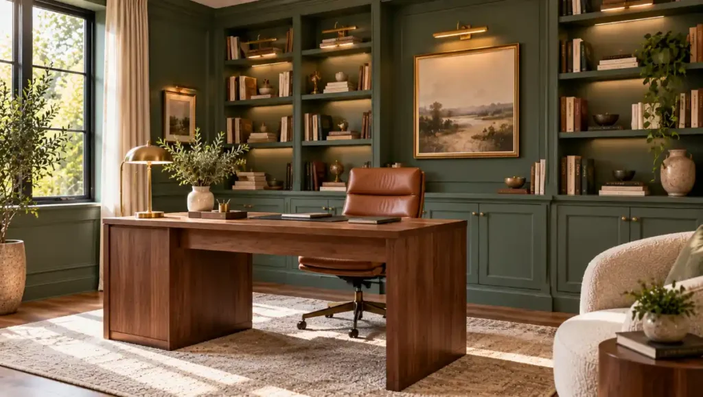 Green built-in bookcases with walnut desk and leather reading chair.