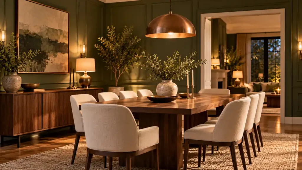 Green dining room with walnut furniture, ivory chairs and warm copper lighting.