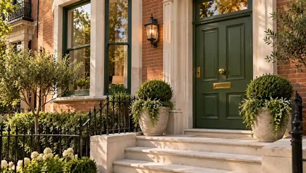 Heritage green front door on a red-brick home with brass hardware.