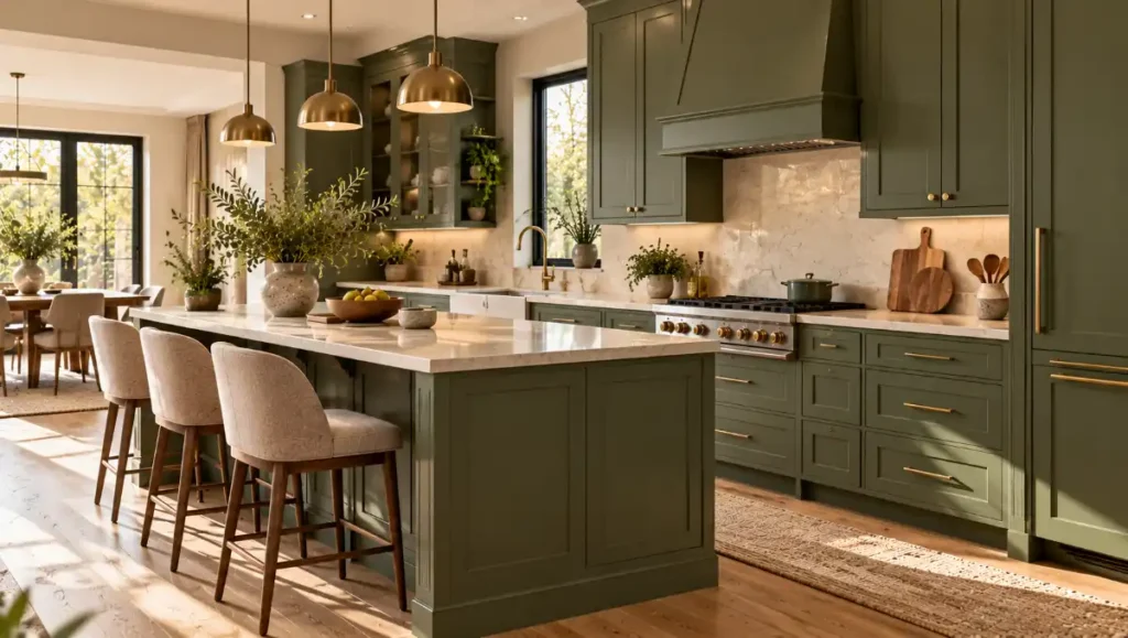 Green shaker kitchen cabinets with ivory countertops and brass handles.