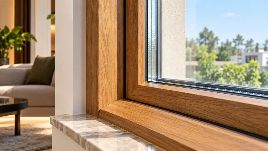 Close-up of a modern uPVC window frame with a realistic warm wood-effect finish.
