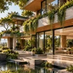 Modern biophilic building with planted terraces, trees and natural materials integrated into the architecture