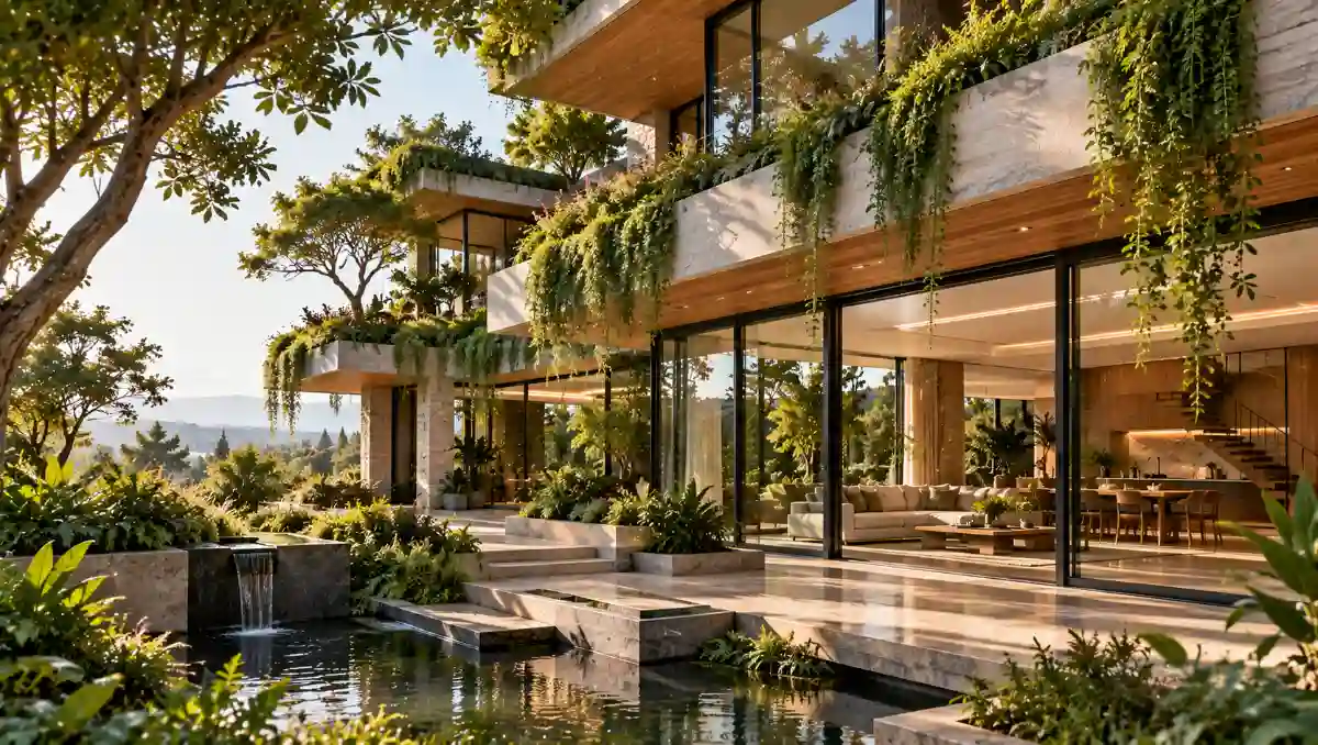 Modern biophilic building with planted terraces, trees and natural materials integrated into the architecture