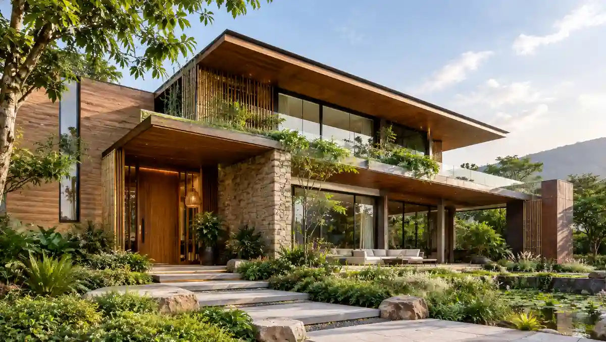 Eco-friendly building materials including natural wood, bamboo, stone and sustainable construction products