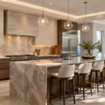 Modern luxury kitchen remodel with island and elegant stone countertop