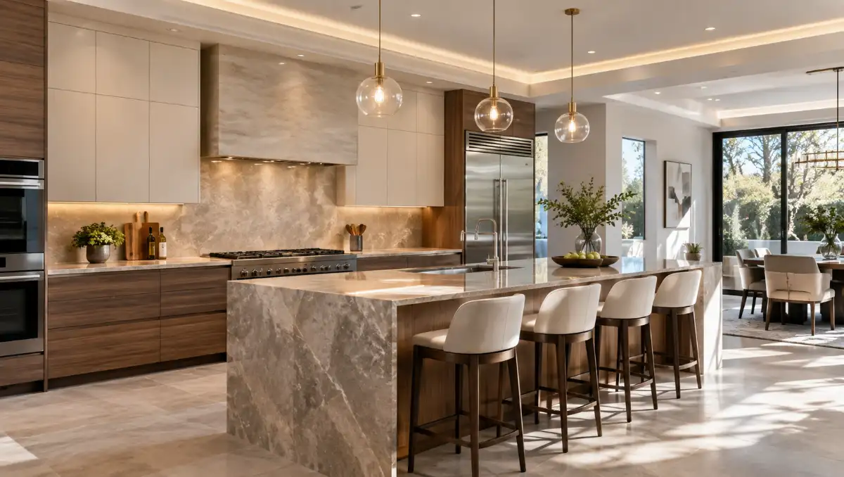 Modern luxury kitchen remodel with island and elegant stone countertop