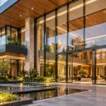Contemporary building with floor-to-ceiling glass facade, glazed entrance and stone exterior walls.