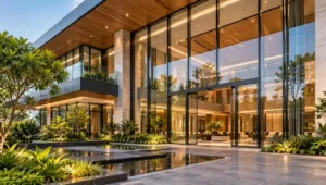 Contemporary building with floor-to-ceiling glass facade, glazed entrance and stone exterior walls.