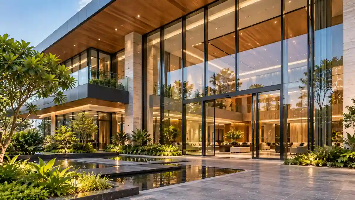 Contemporary building with floor-to-ceiling glass facade, glazed entrance and stone exterior walls.