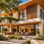 Contemporary climate-responsive house with deep roof overhangs, shaded windows, timber screens and strategically planted trees.