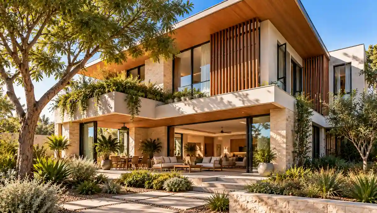 Contemporary climate-responsive house with deep roof overhangs, shaded windows, timber screens and strategically planted trees.