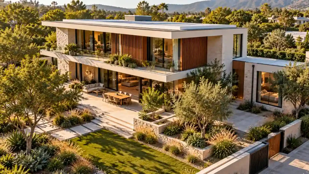Modern house oriented on its site with shaded glazing, roof overhangs and strategically positioned trees.
