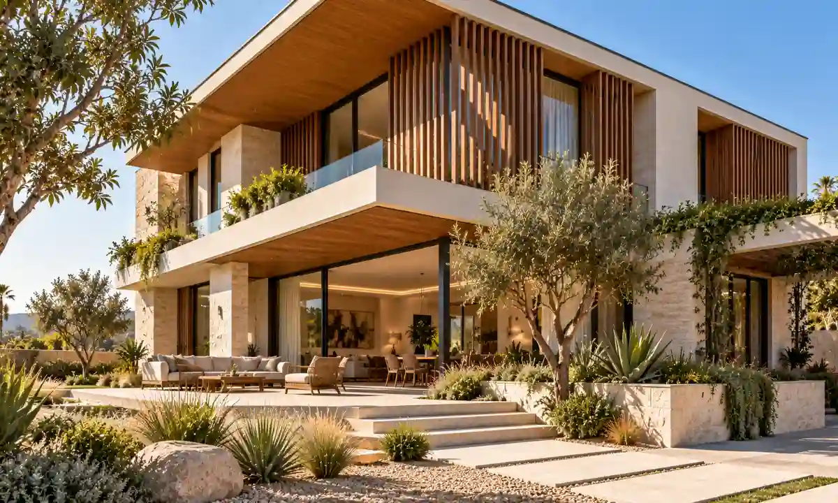 Modern house facade with deep overhangs and vertical fins shading large windows.