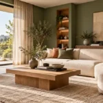 Sage green living room with an ivory sofa, oak furniture, terracotta cushions and warm neutral accessories.