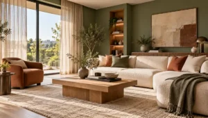 Sage green living room with an ivory sofa, oak furniture, terracotta cushions and warm neutral accessories.