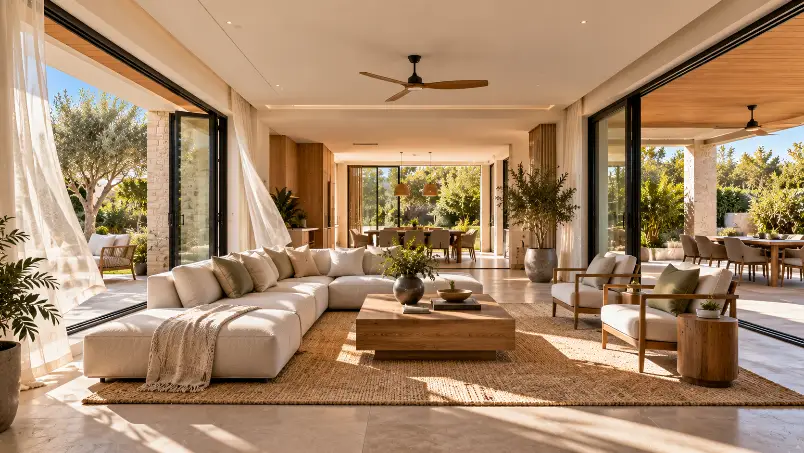 Modern living room with open windows on opposite sides creating a clear natural ventilation path.