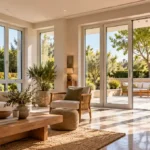 Contemporary living space with modern glazed uPVC doors and windows opening onto a landscaped terrace.