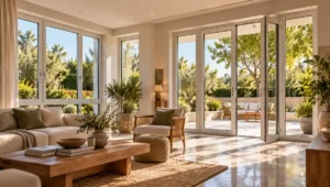 Contemporary living space with modern glazed uPVC doors and windows opening onto a landscaped terrace.