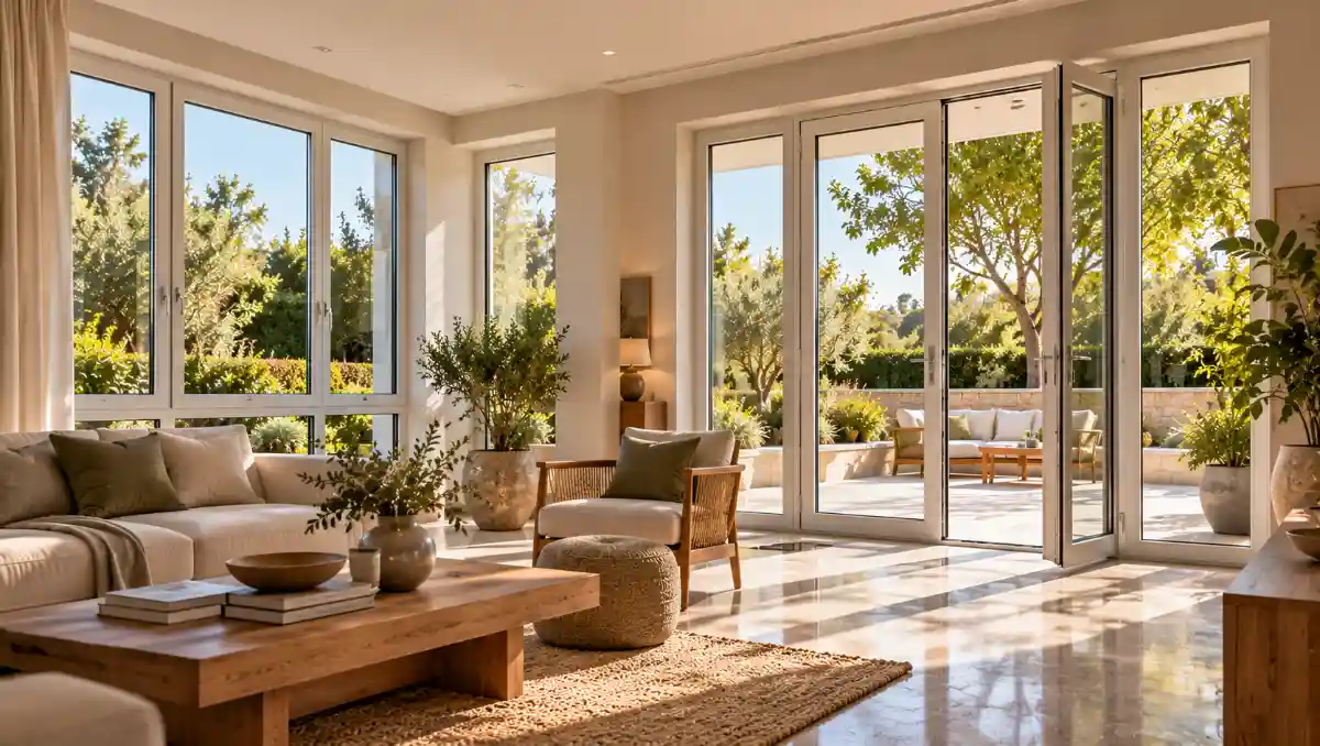 Contemporary living space with modern glazed uPVC doors and windows opening onto a landscaped terrace.
