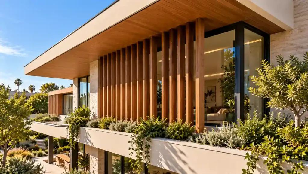 Modern window protected from direct sunlight by a deep overhang and vertical timber shading fins.