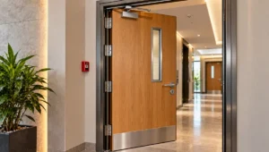 Closed timber fire door with a self-closing mechanism in a contemporary residential corridor.