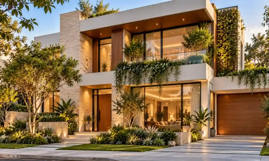 Modern house facade with integrated planters, climbing greenery and natural exterior materials.