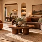 Warm contemporary living room with curved brown sofa, terracotta chair, textured walls and vintage decor.
