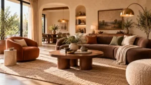 Warm contemporary living room with curved brown sofa, terracotta chair, textured walls and vintage decor.