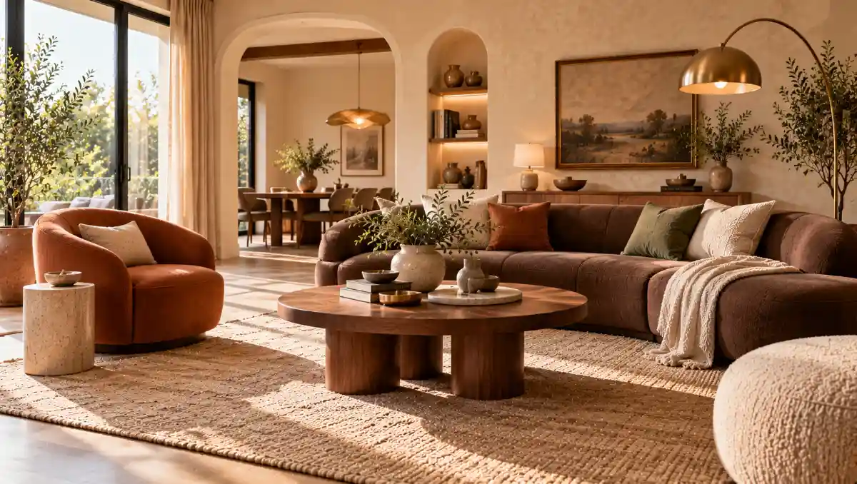 Warm contemporary living room with curved brown sofa, terracotta chair, textured walls and vintage decor.