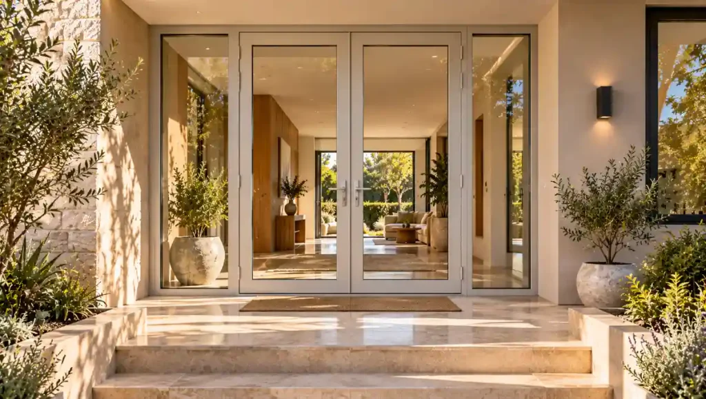 Contemporary home entrance with clean-framed glazed uPVC double doors and sidelights.