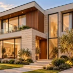 Photorealistic contemporary two-storey house featuring natural stone, timber accents, large windows and modern landscaping.