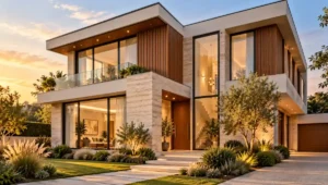 Photorealistic contemporary two-storey house featuring natural stone, timber accents, large windows and modern landscaping.
