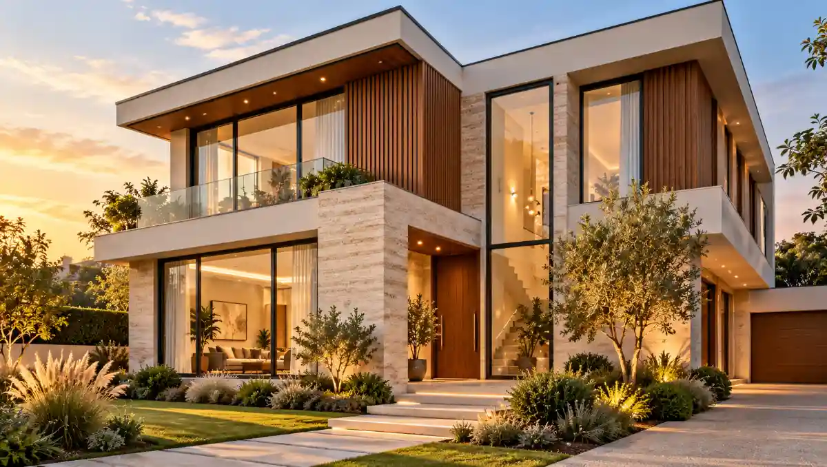 Photorealistic contemporary two-storey house featuring natural stone, timber accents, large windows and modern landscaping.