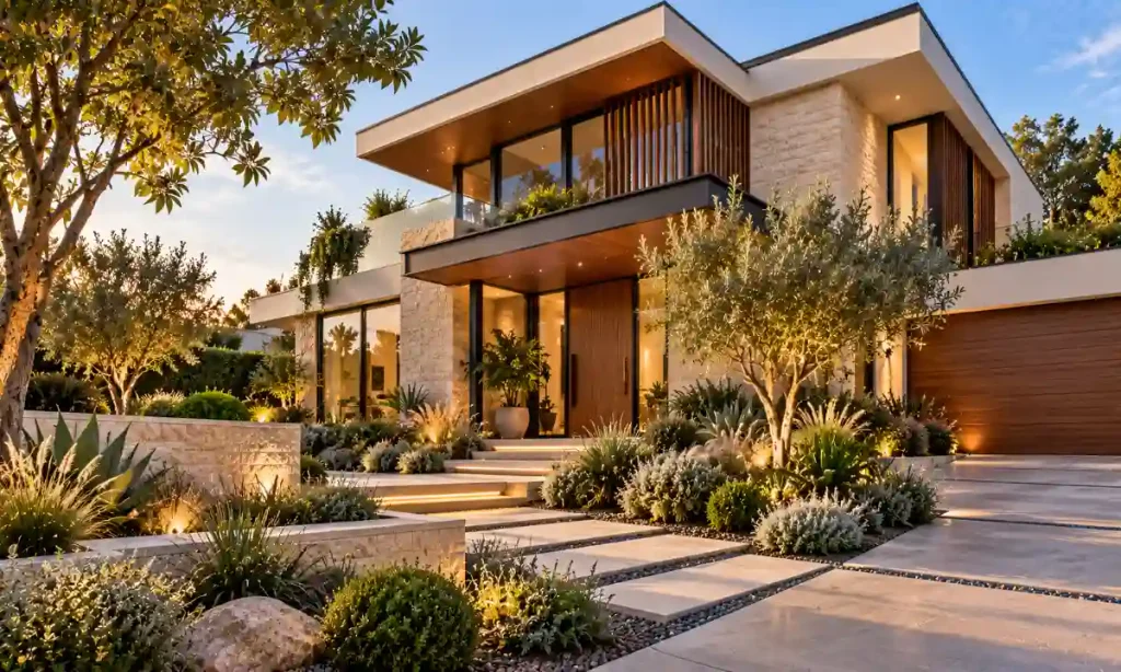 Contemporary house facade integrated with a geometric pathway and layered modern landscaping.